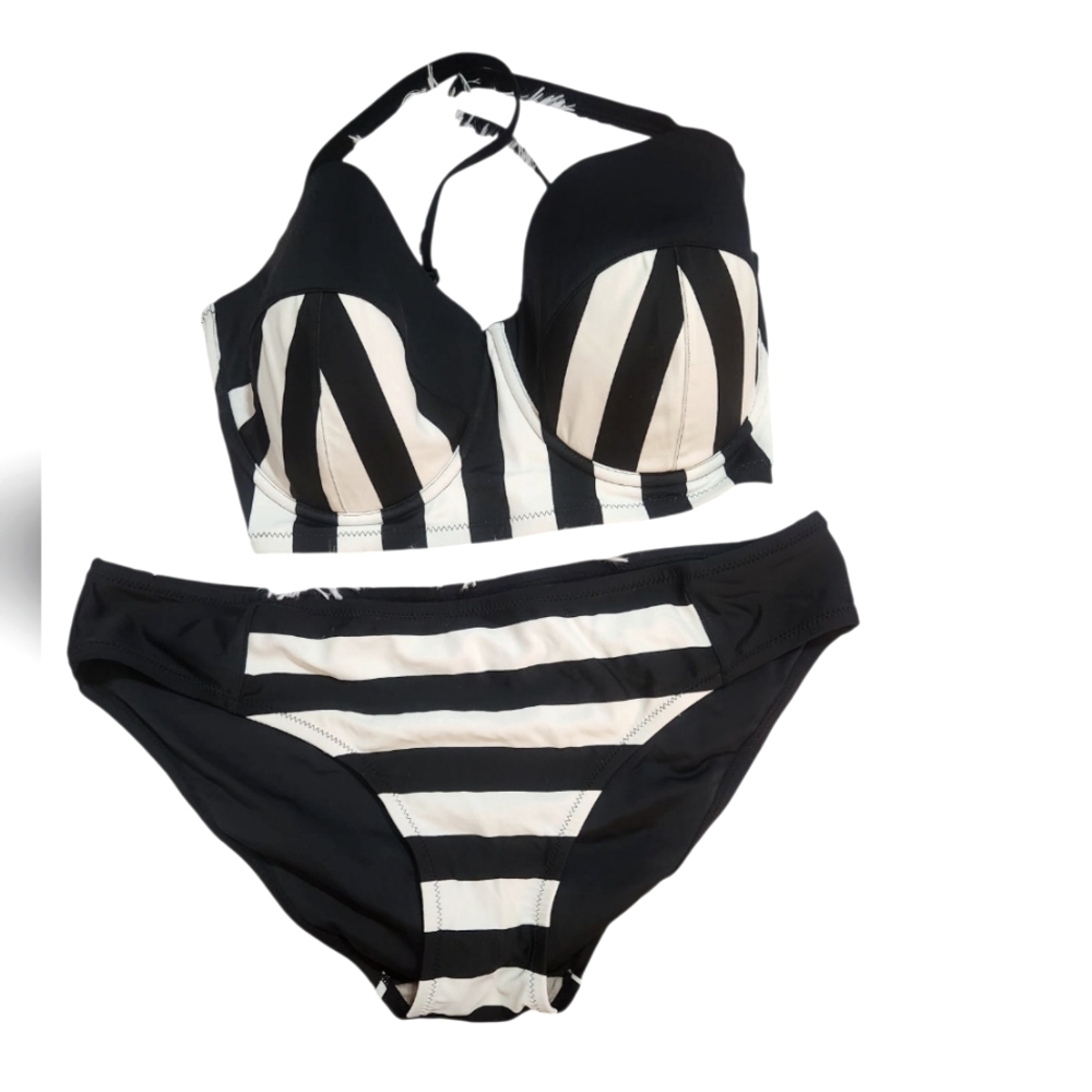 Pour Moi? Black and White Striped Bikini Set
